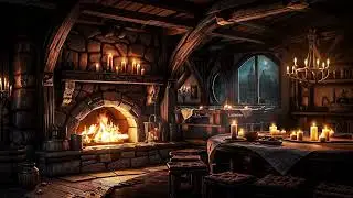 Stormy Night in a Cozy Tavern 4K - Relaxing Thunderstorm and Fireplace Ambience