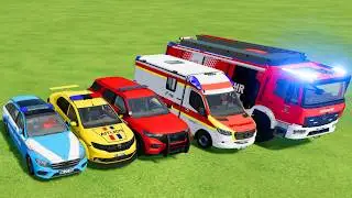 TRANSPORTING POLICE CARS, AMBULANCE, FIRE TRUCK, COLORFUL CARS WITH TRAIN -FARMING SIMULATOR 22!