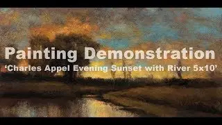 Study after Charles Appel: Evening sunset with river 5x10 Tonalist Landscape Oil Painting