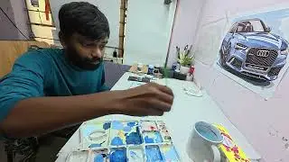 Car painting on handmade sheet, car painting cut colors, car drawing, painting, #art #automobile