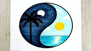 رسومات | رسم منظر طبيعى الليل والنهار بالالوان للمبتدئين خطوة بخطوة | رسم 🎨 | تعليم الرسم