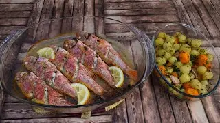 Grilled red mullet fish in the oven and vegetables/سمك الروجي مشوي بالفرن والخضار