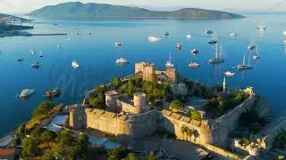 Bodrum, Turkey. Aerial drone view of Castle of St. Peter, 15th century Crusader fortress in Bodru...