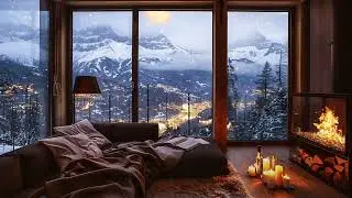 ASMR Cozy Winter Night Ambience for Anxiety Relief with Gentle Wind and Fireplace Crackle