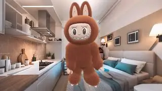 Labubu cute,smiling monster with rabbit ears from another dimension;mysterious and charming creature
