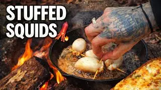 Stuffed Squid & Cheesy Bread | Outdoor Fire Cooking ASMR