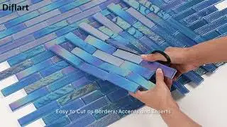 Diflart Glass Mosaic Tiles, Iridescent Blue, 1x2 Inch Brick, Glass Linear Tile for Swimming Pool