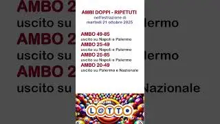📢 GLI AMBI DOPPI-RIPETUTI al gioco del lotto nell'estrazione di marted&igrave; 21 ottobre 2025