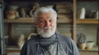 Close-up portrait of senior potter in muddy apron standing at table in workshop and looking at