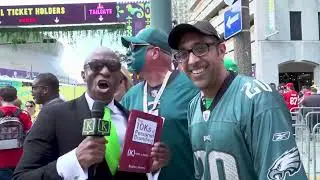 Kaplan Mobray interviews fans at Super Bowl LIX in New Orleans, Louisiana