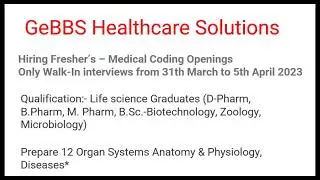 Medical Coding Openings - Hiring Fresher&rsquo;s || GeBBs Healthcare || #medicalcodingjobs #freshersjobs