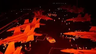 Intense And Dangerous Nighttime Flight Operations On Aircraft Carrier's Flight Deck