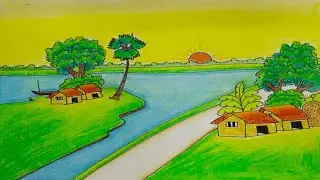 Easy Village Drawing Tutorial | Sunset Landscape With Oil Pastels