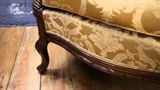 Two Large Reproduction Antique Carved Mahogany, Gold Fabric Armchairs