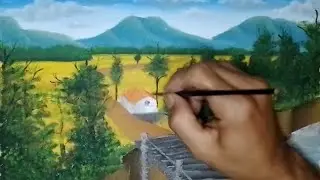 landscape painting of yellowing rice in a rice field//nature painting.