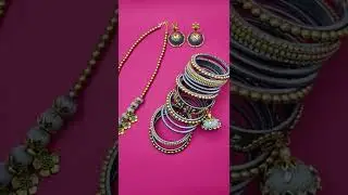 Full Silk Thread Jewellery Set - Necklace, Earring, Bangles in Gray Color