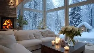 Peaceful Piano Music with Warm Fireplace and Falling Snow Creating a Cozy Winter Mood