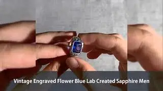 Vintage Engraved Flower Blue Lab Created Sapphire Men