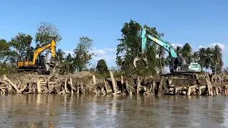 Excavator Working to Hit the Pile to Block the River Flow | River Normalization Project