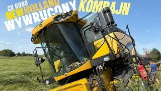 Żniwa 2025 Wywr&oacute;cony Kombajn wyciąganie na dwa ciągniki New Holland T7 230 & John Deere 6170r.