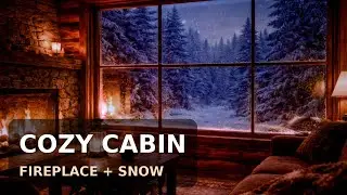 Cozy Cabin Fireplace Ambience | Falling Snow + Smooth Jazz