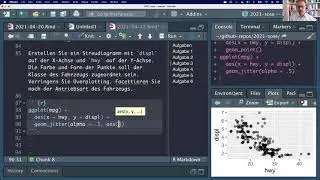 Aufgabe zu ggplot: Streudiagramm mit Farbe/Form der Punkte, Overplotting reduziert und Facettierung