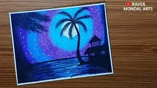 Moonlight night Riverside village scenery drawing with oilpastel for beginners  - step by step