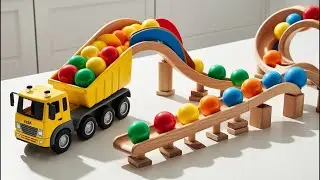 Quiet Toy Vehicle ASMR on a Wooden Marble Track | Thomas, Dump Truck & Street Sweeper