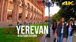 Yerevan at evening, Republic Square to France Square, Armenia. 4K 60fps