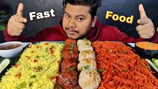EATING SPICY SCHEZWAN NOODLES WITH MANCHURIAN | FRIED RICE | CHOWMEIN | MOMO | INDIAN STREET FOOD 
