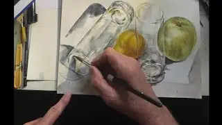 Real time, watercolor painting, two glass plus fruit, then dreary, winter scene, ongoing projects