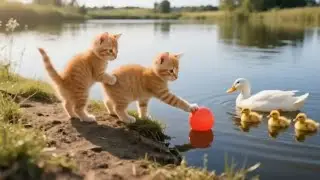 Mama Cat And Kitten Two Kittens Fell Into the Water &mdash; Mama Duck Came to the Rescue! 🐱🦆💖