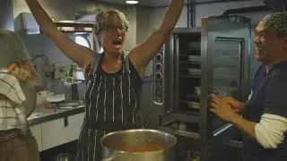 Emma Thompson cooks for the crew of the Greenpeace Esperanza