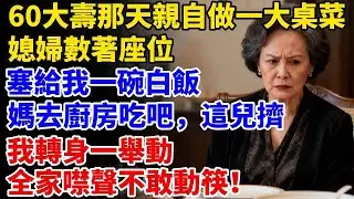 60大壽那天親自做了一大桌菜，媳婦數著座位塞給我一碗白飯：「媽去廚房吃吧，這兒擠。」我轉身一舉動，全家噤聲不敢動筷！【星河故事鋪】#完結#情感故事#婆媳關系#家庭生活#爽文#正能量 #故事頻道#