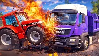 TRANSPORTING PIXAR CARS & FRUITS WITH COLORED & JOHN DEERE vs CLAAS vs TRACTORS - BeamNG.drive #983