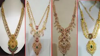 latest gold stone necklace designs with weight and price ||gold long haram designs