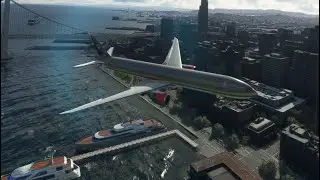 Boeing 747 plane passes over the city and lands
