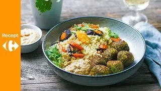 Geroosterde wortelen met couscous en groenteballetjes