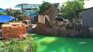 Landfill Project: Dump Truck Dumping Soil a Deep pond Hidden Pollution | Bulldozer Pushing a Site