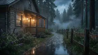 Gentle Rainfall and Soft Piano Music Around a Cozy Cabin in the Forest at Night