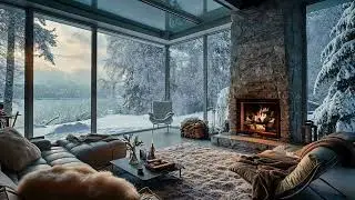 Cozy Afternoon Jazz Relaxing Music & Fireplace Ambience In A Snowy Lake House | Jazz Piano Music