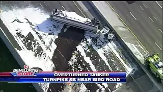 Fuel tanker overturns on Turnpike near Bird Road; all lanes closed to traffic