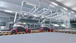 Product sorting plant. Loading autonomous delivery robots. 3D animation.