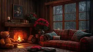 Peaceful Fireplace Ambience &ndash; Rainy Day Relaxation with Teddy Bear and Fall Window View