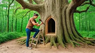 I Built a Hidden Forest Shelter Inside a Giant Tree | Silent Bushcraft Survival