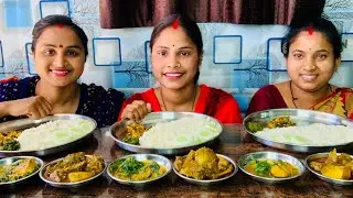 Eating rice with🔥🔥spicy duck curry saag fish curry vegetable fry Bengali Food eating show ￼