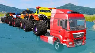 Double Flatbed Trailer Monster Trucks Transport with Slide Color - Cars vs Speed bump - BeamNG.drive
