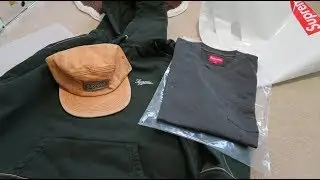Supreme SS18 Week 8 Pickup/Unboxing Piping Hooded Sweatshirt, Metal Camp Cap, Overdyed Tee