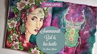{Timelapse}{Adult Coloring} Sommarnatt by Hanna Karlzon: Girl & Her Beetle-Part 2