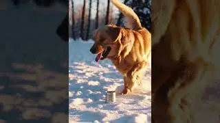 A joyful dog running toward the camera through falling snow, tongue out and tail wagging.